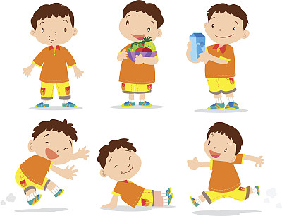 可爱的男孩卡通许多动作。图片下载