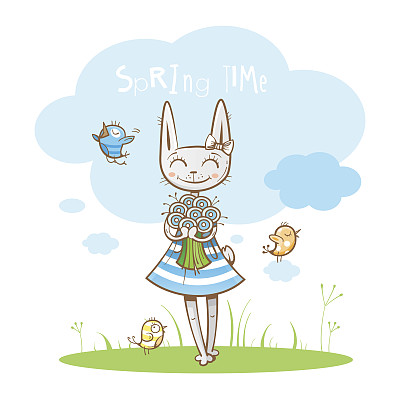 春天的明信片和兔子。图片下载