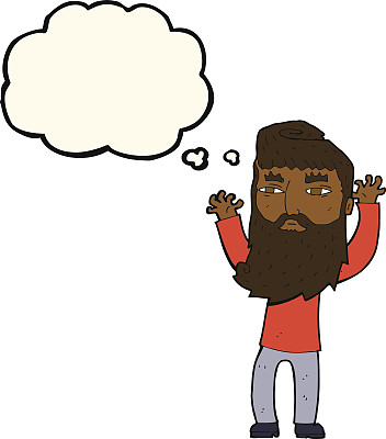 卡通胡子男人挥舞着手臂，带着思想泡泡图片下载