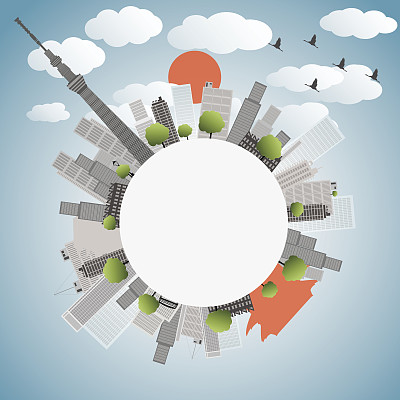 东京天际线环绕白色圆圈的插图图片下载