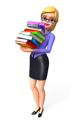 年轻的办公室女孩与书堆图片下载
