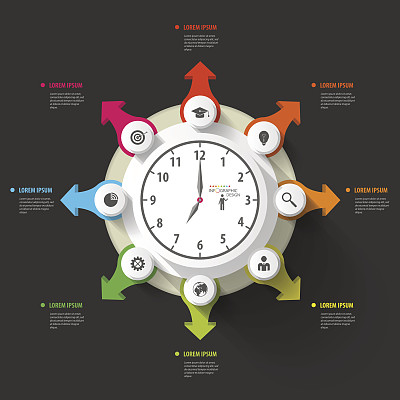 信息图表。业务时钟。彩色圆圈与图标。向量图片下载