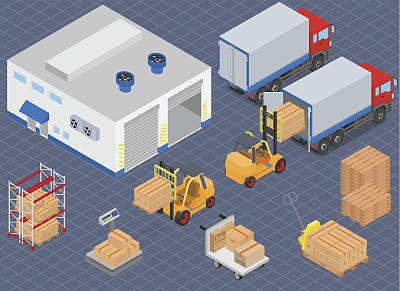 在仓库里装卸卡车。仓库设备。图片下载