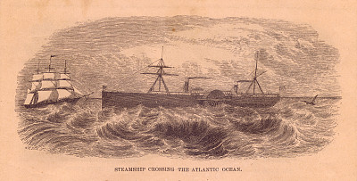 古老的，黑白插图的蒸汽船横渡大西洋，1800年图片下载