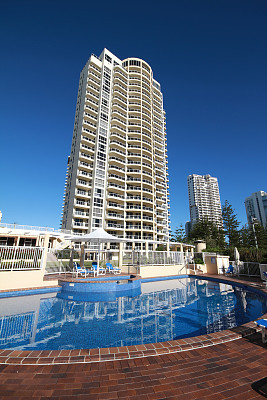 酒店高层与游泳池在前面图片下载