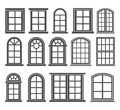 窗口图标集，矢量符号在轮廓平面风格孤立在白色背景。图片下载