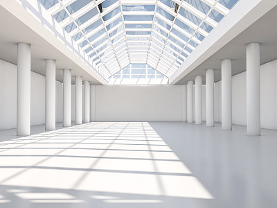 抽象的现代建筑背景，空旷的白色开放空间的室内。三维渲染图片下载