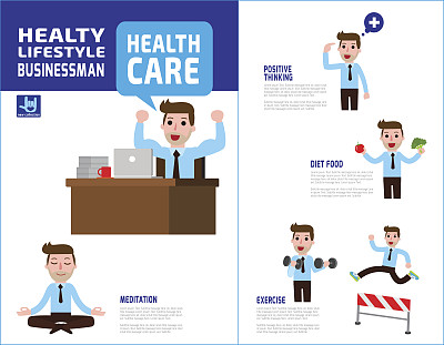 商人健康的生活方式。信息图表。医疗保健的概念。矢量平面图标卡通设计插图。宣传册海报横幅。孤立在白色背景上。图片下载