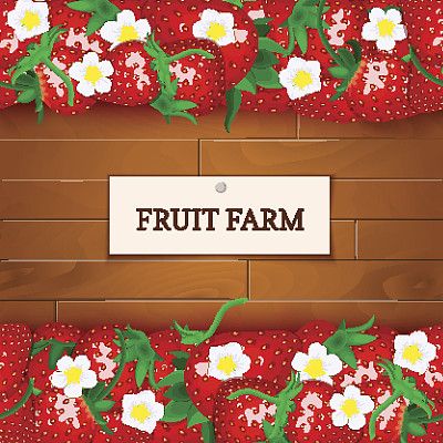 装草莓水果的木箱。矢量插图。木板以木为背景，边框以红莓果叶和标签为包装设计，用于食品橘子酱、果酱、果汁、排毒饮食。图片下载