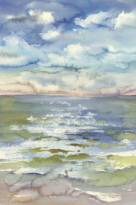 手绘水彩海浪和云朵插画素材图片