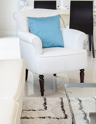 复古的客厅里，白色皮沙发上放着蓝色枕头图片下载