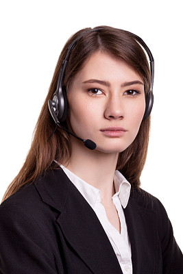 微笑的肖像支持电话接线员在耳机图片下载