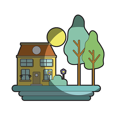 房子有树，植物有花和太阳图片下载