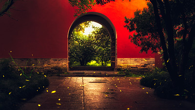 《萤火虫与古墙图片下载