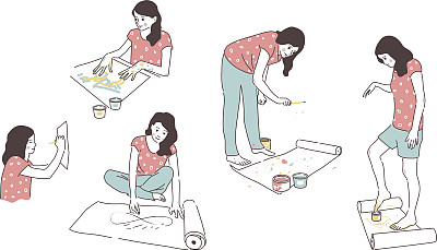 一个女人用画笔、手、脚和闭上眼睛画抽象画。五个女性人物。图片下载