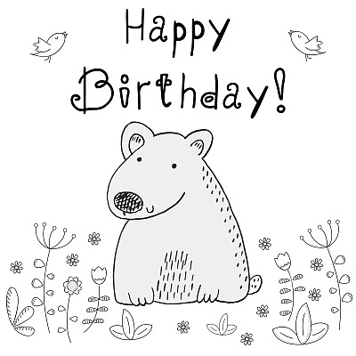 可爱的手绘小熊生日快乐。向量打印图片下载