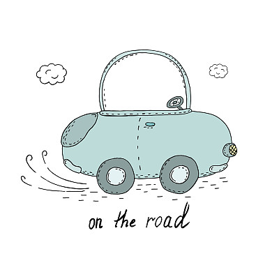 在路牌上。可爱的手绘车。向量打印图片下载