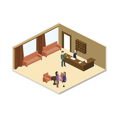 酒店前台矢量等距图片下载