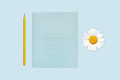 肖像的copybook，铅笔和甘菊孤立在蓝色的背景。学生的设备。带有空白的抄写本照片。教育的概念。上学和学习用的东西。学习的概念图片下载