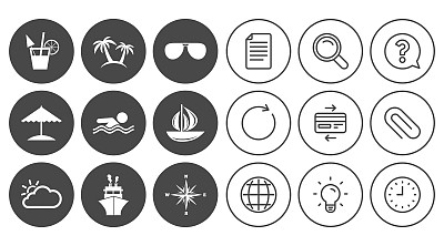 邮轮旅行，船舶和游艇图标。旅行的迹象。图片下载