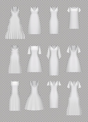 女装模型系列。白色逼真的服装套装。向量3 d演示。创建梯度网格。节日服装有袖或无袖，短，长。不同的类型。孤立。图片下载