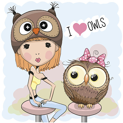 女孩和猫头鹰图片下载