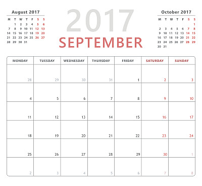 日历计划2017年9月，周开始周一，矢量设计模板图片下载