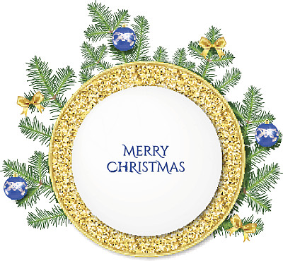 金色的圆旗和冷杉树枝。图片下载