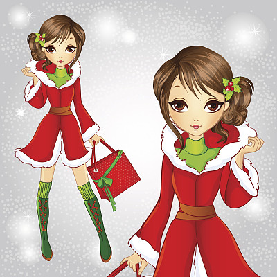 可爱时尚的黑发女孩打扮成圣诞老人图片下载