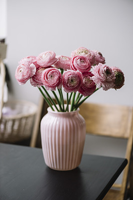 美丽柔嫩的波纹粉毛茛在粉红色花瓶桌上，花店出售图片下载