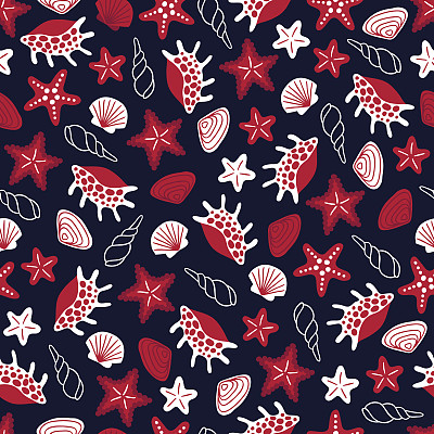 红白相间的贝壳和海星无缝图案图片下载
