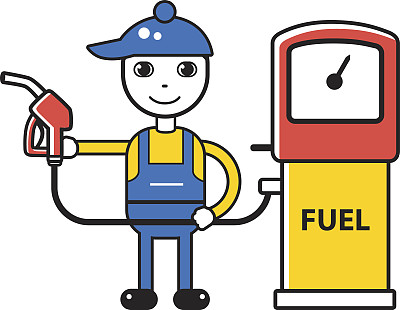 加油站工作人员与燃油泵喷嘴。加油站插图。图片下载