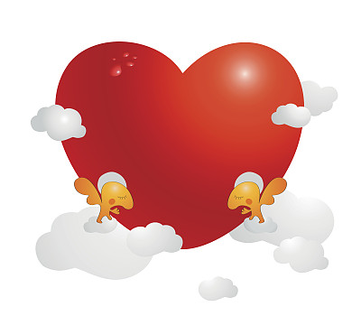卡片，图片或海报，上面有小天使抱着被云朵环绕的红色大情人节心。爱、感激、崇拜、友情观念。图片下载