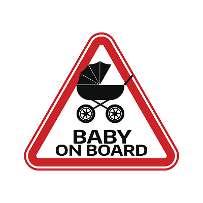 婴儿在车上标志与儿童马车剪影在红色三角形在白色的背景。带有警告的汽车贴纸。图片下载