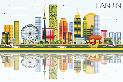 色彩建筑、蓝天、倒影的天津天际线。图片下载