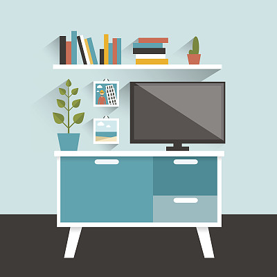 客厅内。电视和书架。平面向量插图。图片下载