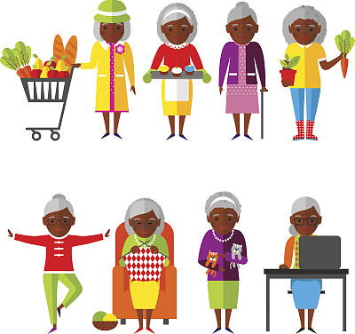 一套矢量插图老妇人在不同的情况。图片下载