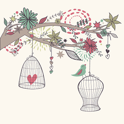 矢量浪漫插图与鸟出笼，树枝和花。自由概念的名片。图片下载