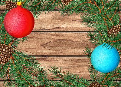 水彩木制背景，松树的树枝，球果，球图片下载