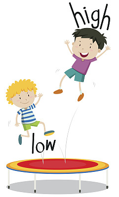 两个男孩跳蹦床，低高高图片下载