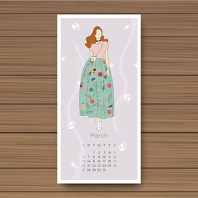 3月。手绘时装模特日历2016。向量illustrati图片下载