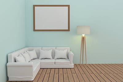 白色沙发设置在空的绿色房间与灯和模拟框架照片在3D渲染图片下载