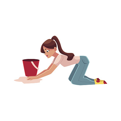 年轻妇女，家庭主妇，手洗地板，打扫屋子图片下载