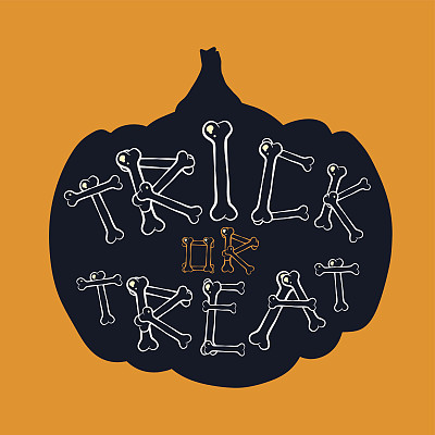 万圣节南瓜里有骨头写的“不给糖就捣蛋”的文字。矢量图图片下载