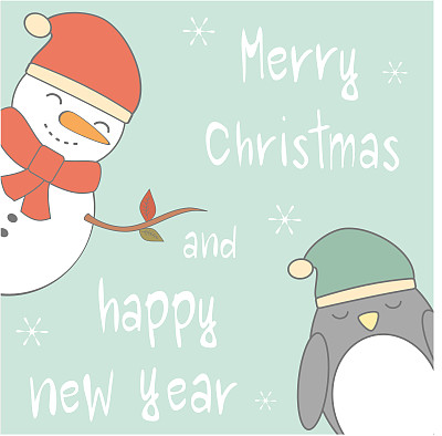 手绘圣诞节新年雪人企鹅贺卡图片下载