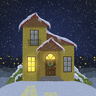 卡通屋在晚上下雪图片下载