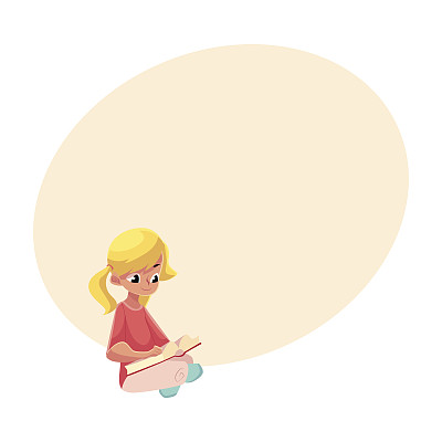 梳着马尾辫的金发小女孩翘着腿看书素材图片