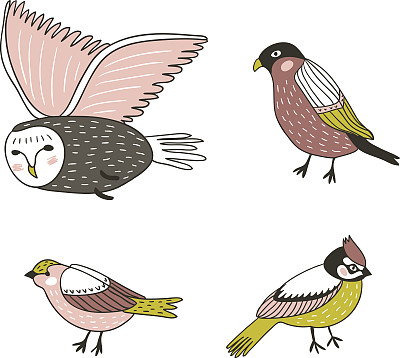 一套可爱的手绘小鸟。矢量插图。图片下载
