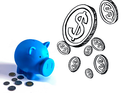 小猪储蓄罐，人物金融与美元硬币插图图片下载