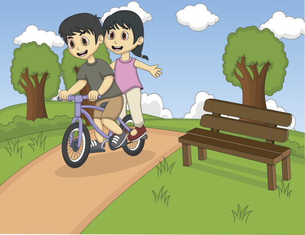孩子们在公园里骑着自行车卡通图片下载